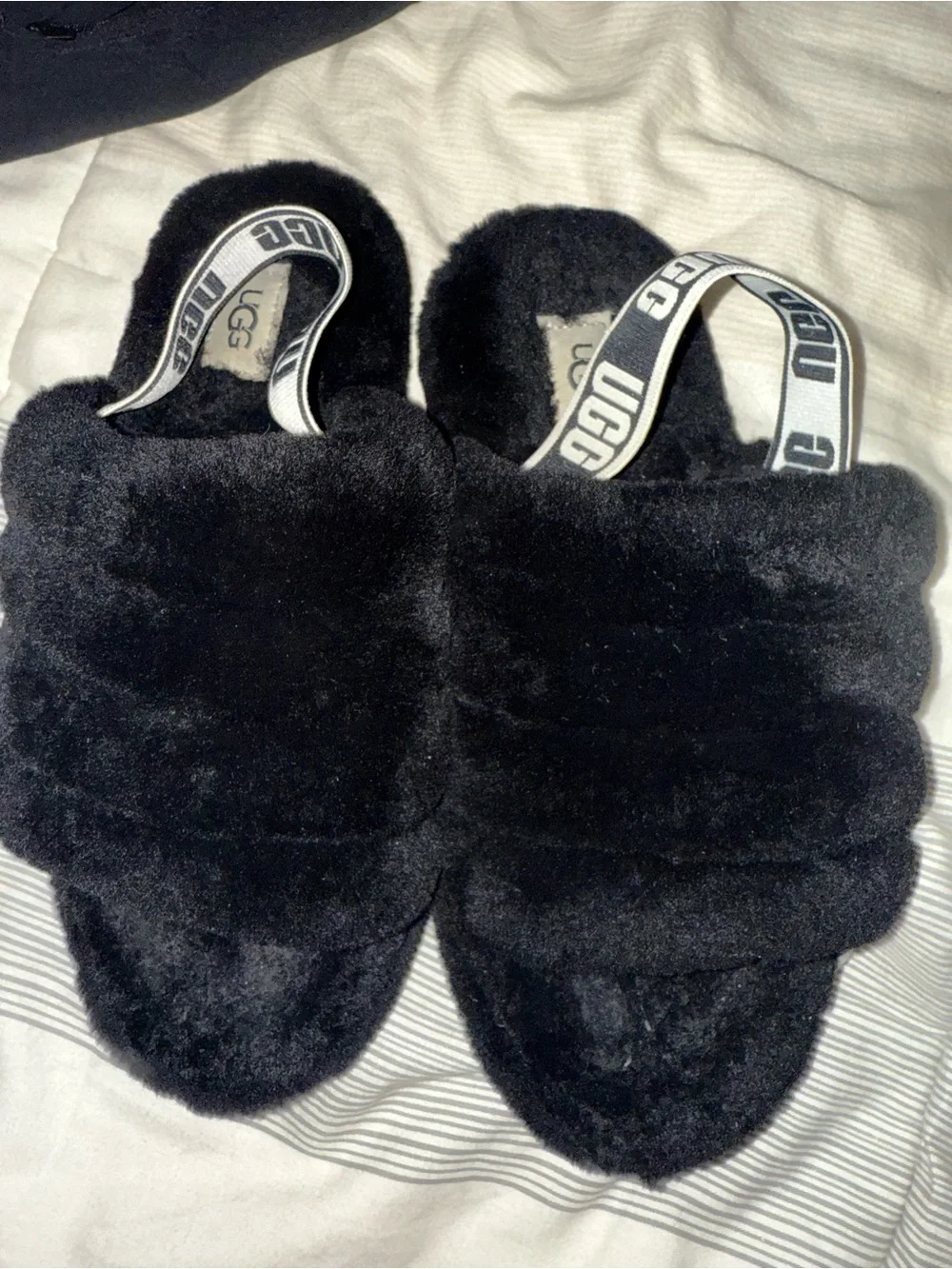 UGG Black Plush Slide with Branded Heel Strap